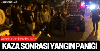 İki araç çarpıştı, biri alev topuna döndü