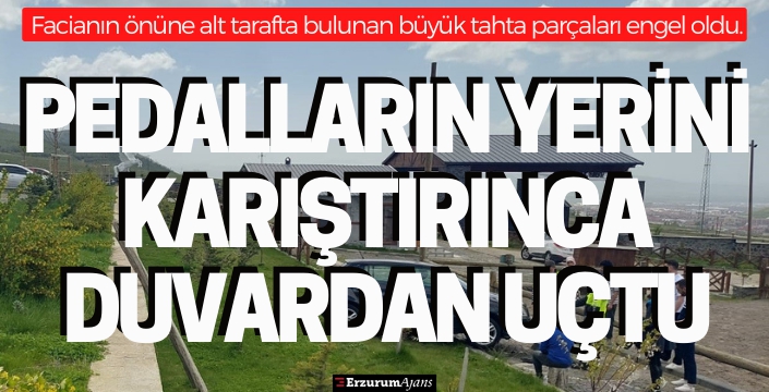 Erzurum'da bir sürücü aracını park ettikten sonra fren yerine gaza basınca bahçe duvarından aşağı uçtu.